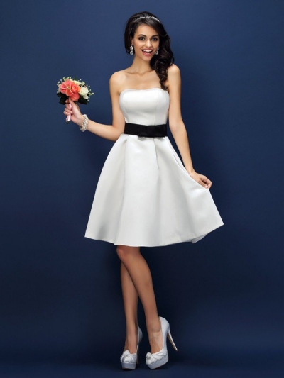 A-Line/Princess Strapless Sash/Ribbon/Belt Sleeveless Short Satin Bridesmaid Dresses [50598]