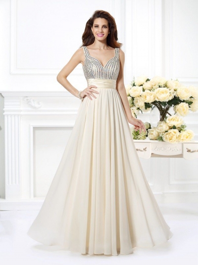 A-Line/Princess Straps Beading Sleeveless Long Chiffon Dresses [50788]