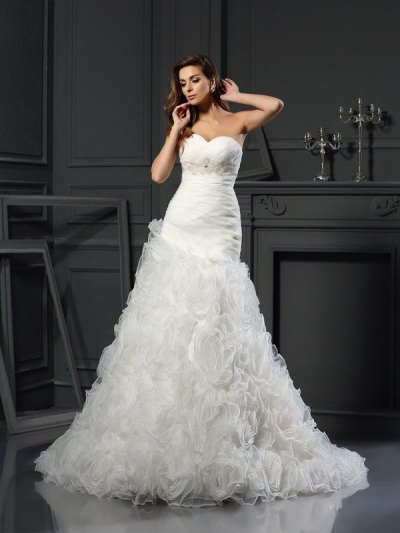 A-Line/Princess Sweetheart Beading Sleeveless Long Organza Wedding Dresses [51021]