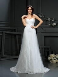A-Line/Princess Sweetheart Pleats Sleeveless Long Net Wedding Dresses