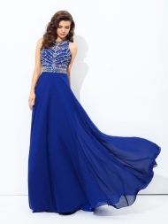 A-line/Princess Scoop Beading Sleeveless Long Chiffon Dresses