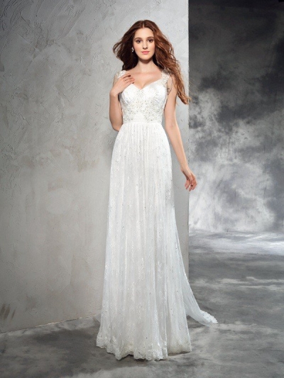 A-Line/Princess Straps Lace Sleeveless Long Lace Wedding Dresses