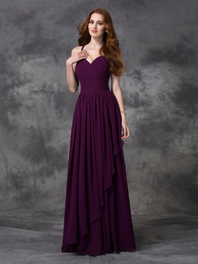 A-line/Princess Spaghetti Straps Sleeveless Long Ruffles Chiffon Bridesmaid Dresses [60276]