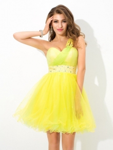 A-Line/Princess One-Shoulder Beading Sleeveless Short Net Cocktail Dresses