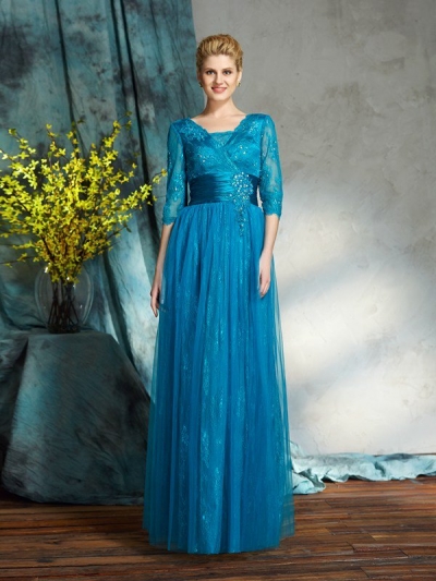 A-Line/Princess V-neck Applique 3/4 Sleeves Long Net Mother of the Bride Dresses [60495]