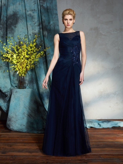 Sheath/Column Bateau Applique Sleeveless Long Net Mother of the Bride Dresses [60540]