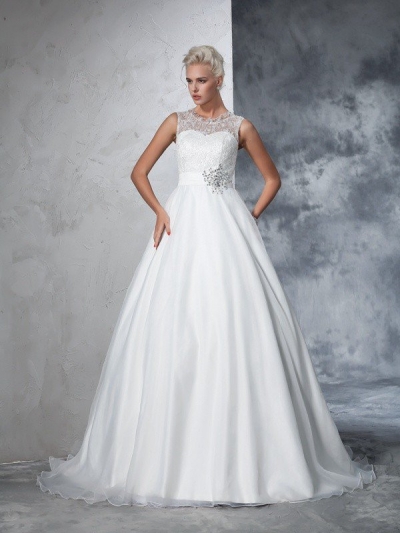 Ball Gown Sheer Neck Lace Sleeveless Long Net Wedding Dresses [60663]