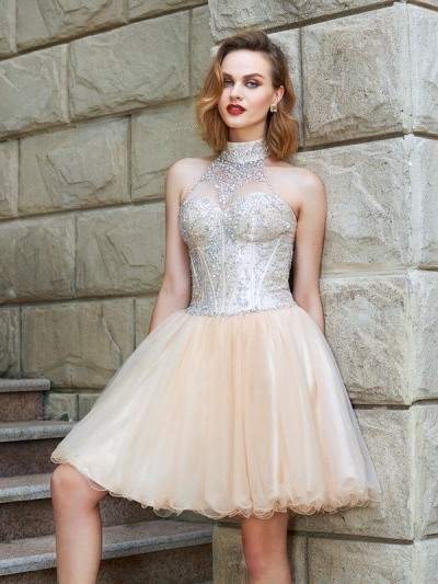 A-Line/Princess Halter Sleeveless Beading Net Short/Mini Dresses [63028]