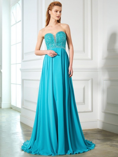 A-Line/Princess Sweetheart Beading Sleeveless Chiffon Sweep/Brush Train Dresses [70032]