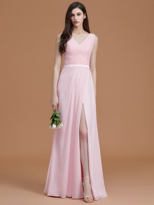 A-Line/Princess V-neck Sleeveless Floor-Length Ruched Chiffon Bridesmaid Dresses