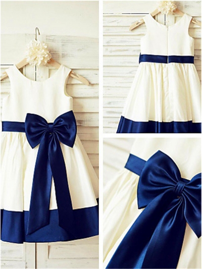 A-line/Princess Scoop Sleeveless Bowknot Tea-Length Satin Flower Girl Dresses [EL1605577]