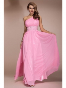 Sheath/Column One Shoulder Beading Long Sleeveless Chiffon Dresses