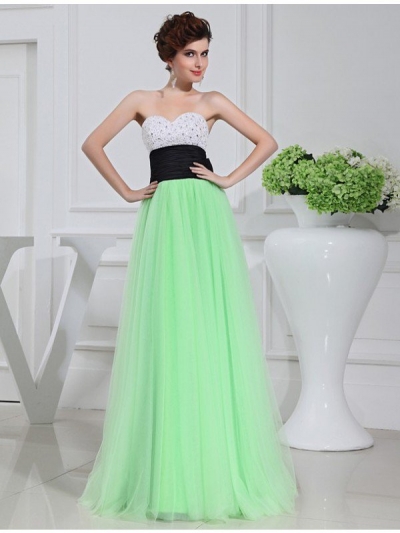 A-Line/Princess Beading Sleeveless Satin Tulle Long Dresses [N13ZAYS559]