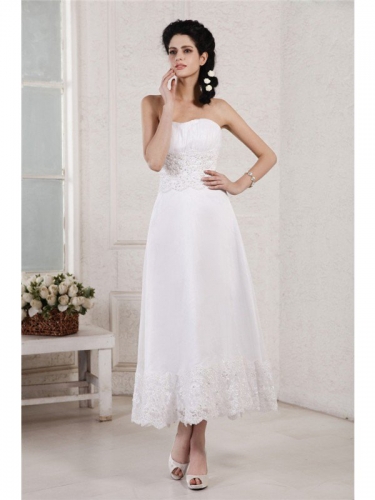 A-Line/Princess Strapless Sleeveless Pleats Applique Beading Short Chiffon Wedding Dresses