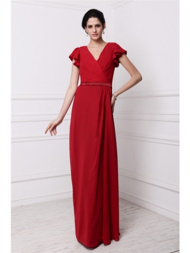 Sheath/Column V-neck Short Sleeves Pleats Long Chiffon Bridesmaid Dresses