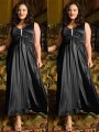 A-Line/Princess V-neck Sleeveless Beading Ankle-Length Elastic Woven Satin Plus Size Dresses