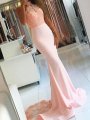 Trumpet/Mermaid Sleeveless High Neck Lace Sweep/Brush Train Satin Dresses