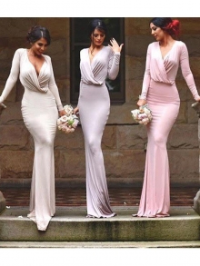 Sheath/Column V-neck Floor-Length Sleeveless Jersey Bridesmaid Dresses