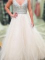 A-Line/Princess V-neck Sleeveless Floor-Length Beading Tulle Dresses