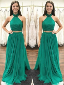 A-Line/Princess Halter Sleeveless Floor-Length Beading Tulle Two Piece Dresses