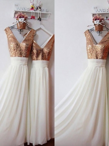 A-Line/Princess Chiffon V-neck Sleeveless Floor-Length Sequin Bridesmaid Dresses