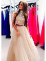 A-Line/Princess High Neck Sleeveless Beading Tulle Floor-Length Dresses