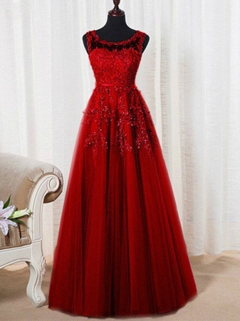 A-Line/Princess Sleeveless Scoop Floor-Length Tulle Beading Dresses