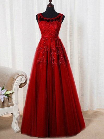 A-Line/Princess Sleeveless Scoop Floor-Length Tulle Beading Dresses