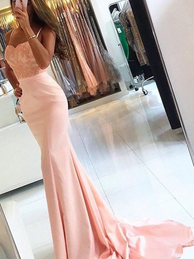 Trumpet/Mermaid Spaghetti Straps Sleeveless Sweep/Brush Train Satin Dresses [PON1506EV596]