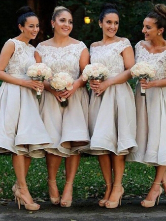 A-Line/Princess Off-the-Shoulder Sleeveless Elastic Woven Satin Knee-Length Bridesmaid Dresses