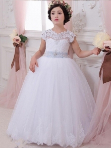 Ball Gown Sleeveless Scoop Sash/Ribbon/Belt Floor-Length Tulle Flower Girl Dresses