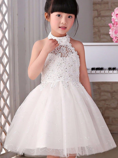 A-line/Princess Halter Sleeveless Beading Tulle Knee-Length Flower Girl Dresses [PON1506EV833]