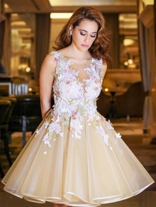 A-Line/Princess Scoop Sleeveless Applique Short/Mini Organza Dresses